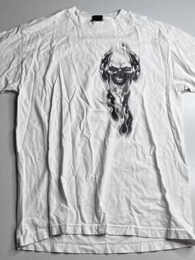 Hot Leathers Shirt Mens Large White Flaming Skull Graphic Biker Tee Double Sided